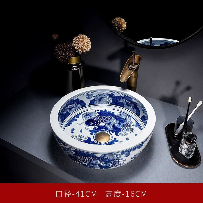 

Сине-белый фарфор YSHT в китайском стиле над стойкой ручная роспись для керамической креативной бытовой одинарной раковины