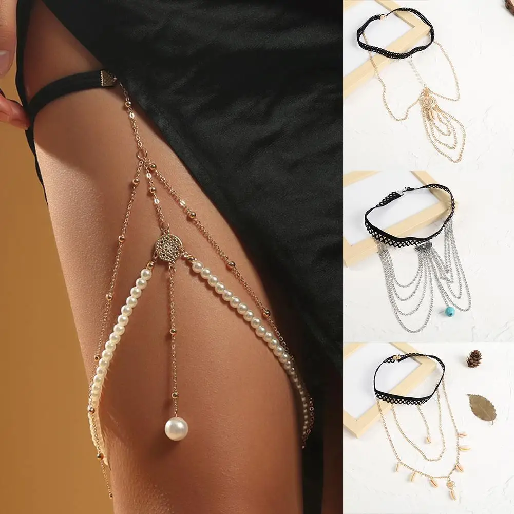 Цепочка на ногу многослойная с жемчугом пикантный анклет длинной кисточкой