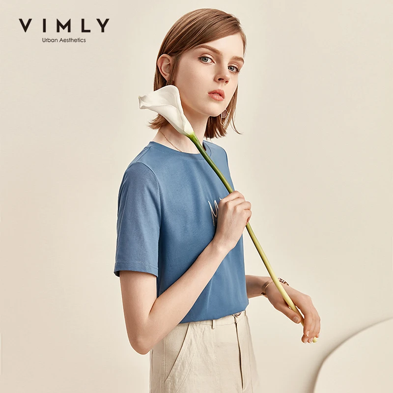 Женская футболка с буквенным принтом Vimly синяя Однотонная круглым вырезом и