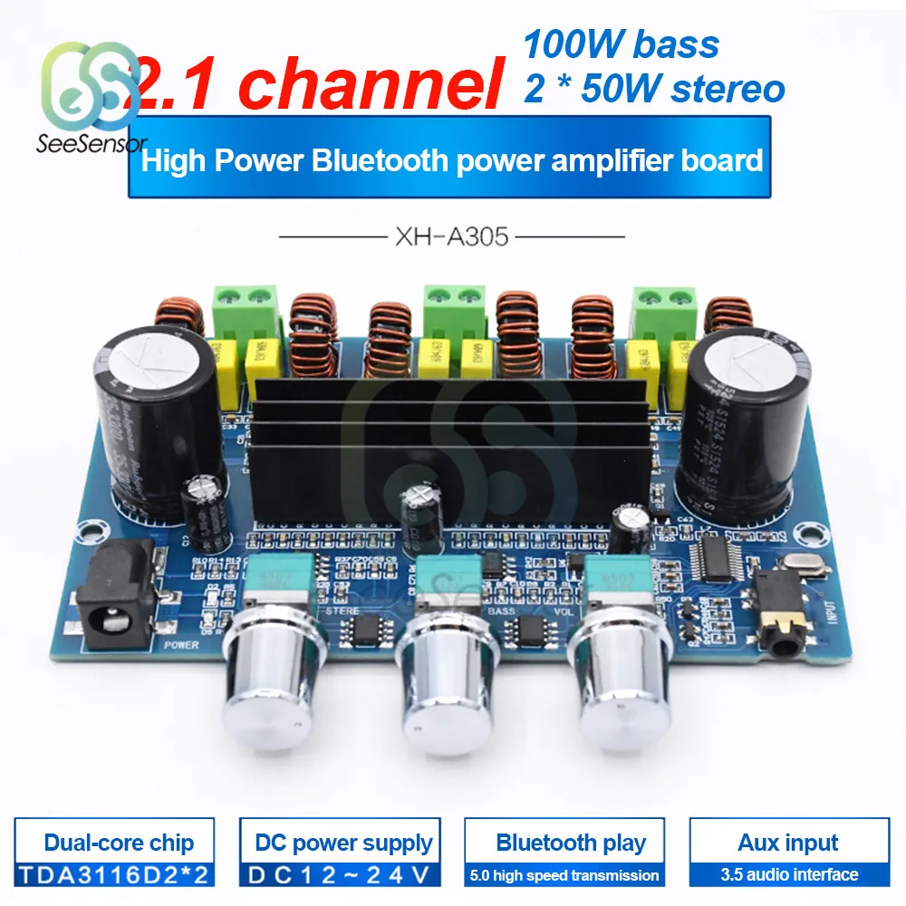XH-A305 TPA3116 Bluetooth 5.0 Digital Power Amplifier Board 2*50W+100W 2.1 Channel Stereo Audio Receiver Amplifiers for AUX | Инструменты