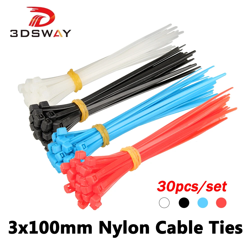 3DSWAY 3D Printer Parts 30pcs/lot 3*100mm Self locking Nylon Cable Ties Plastic Colored Black White Blue Red Bundle zip Wraps | Компьютеры