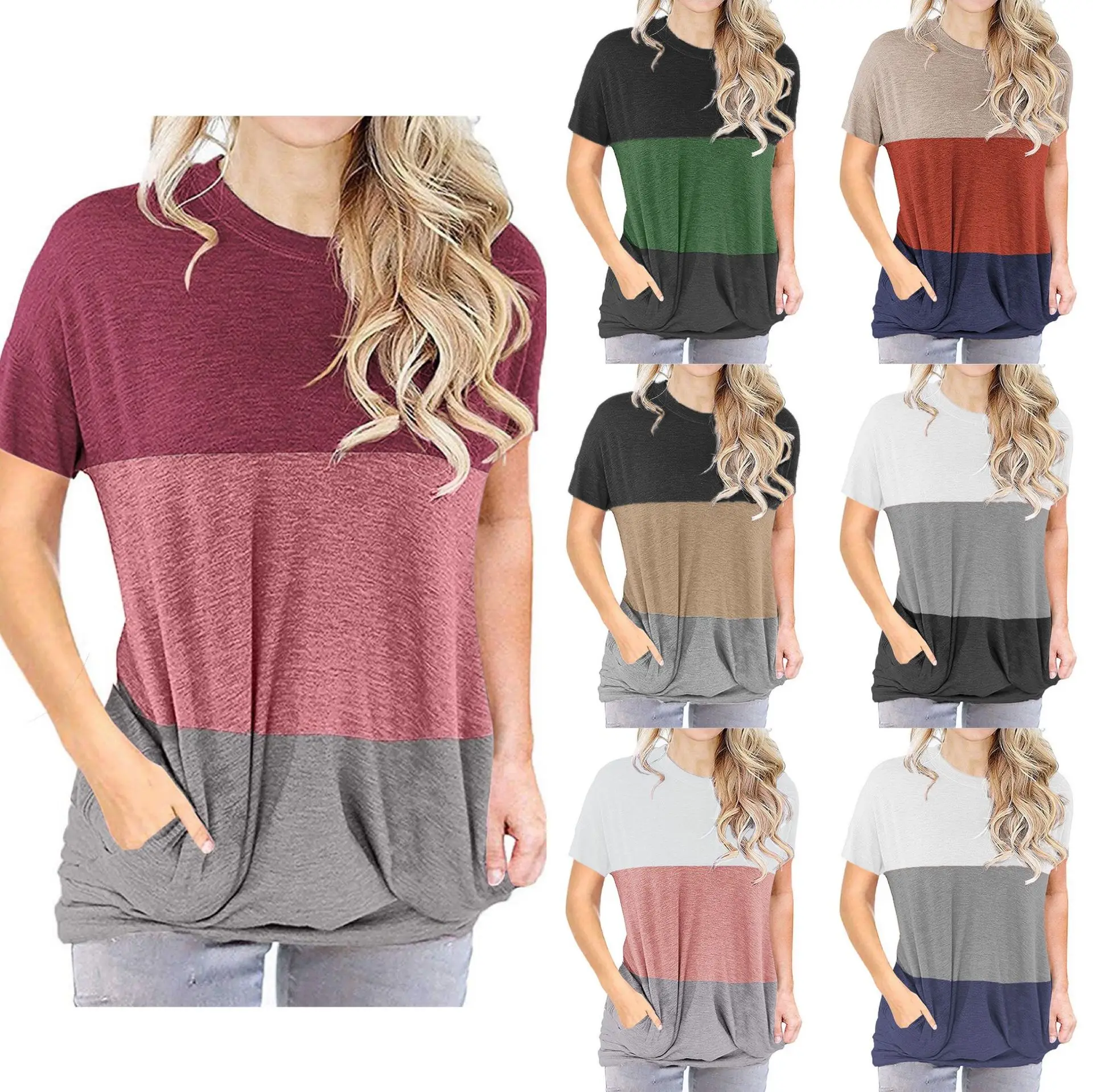 

Women's Contrasting Color T-shirt Pocket Round Neck Short Sleeve Loose Top Spring Summer New