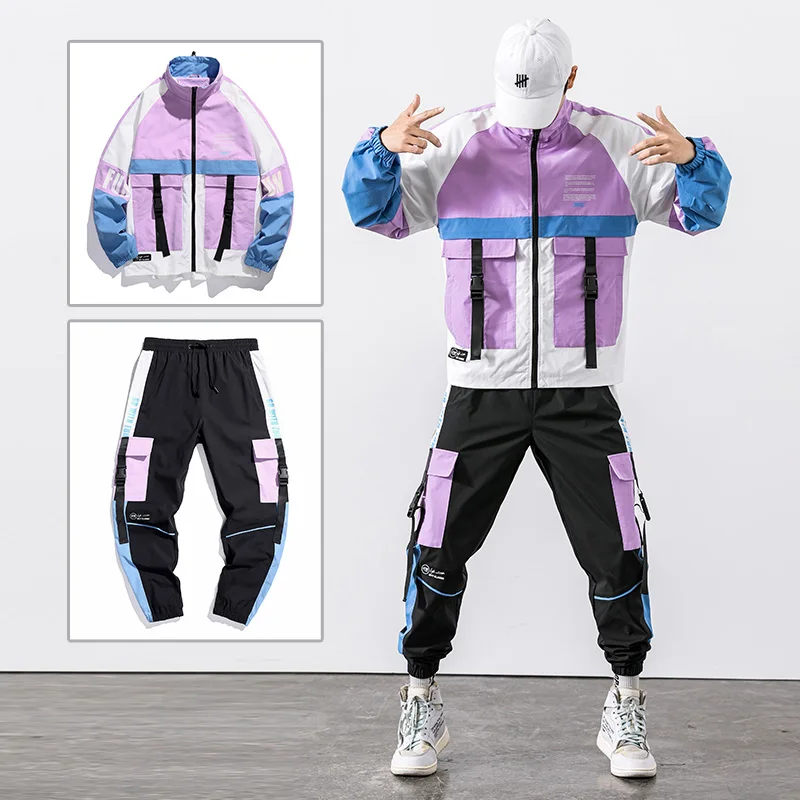 

2021 Hip Hop Workwear jacket Mens Tracksuit Jacket+Pants 2PC Sets baseball loose Zipper Ribbons Coat & Long Pants Mens Clothing