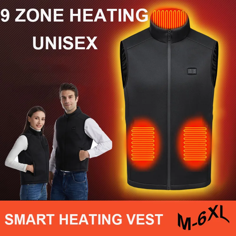 

Жилет с подогревом в 9 местах для мужчин и женщин, куртка с двойным Usb-разъемом, Термоодежда унисекс, зимняя куртка с подогревом , цвет черный