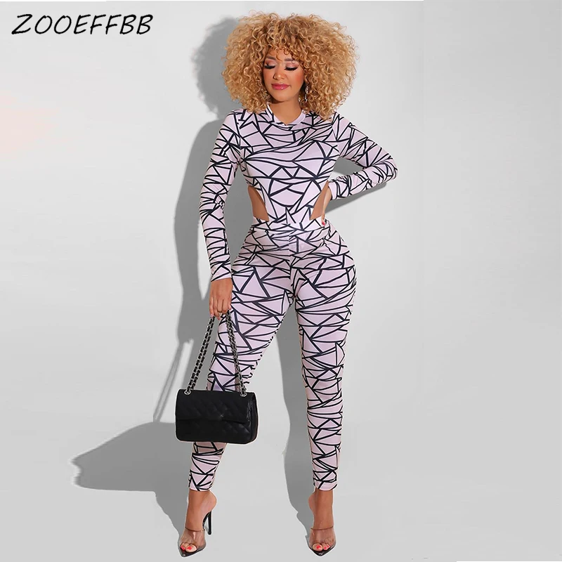 

ZOOEFFBB Aesthetic Printed Two Piece Set for Women Sweatsuits Outfits Y2K Long Sleeve Cut Out Blouses Casual Hot Sports Pants