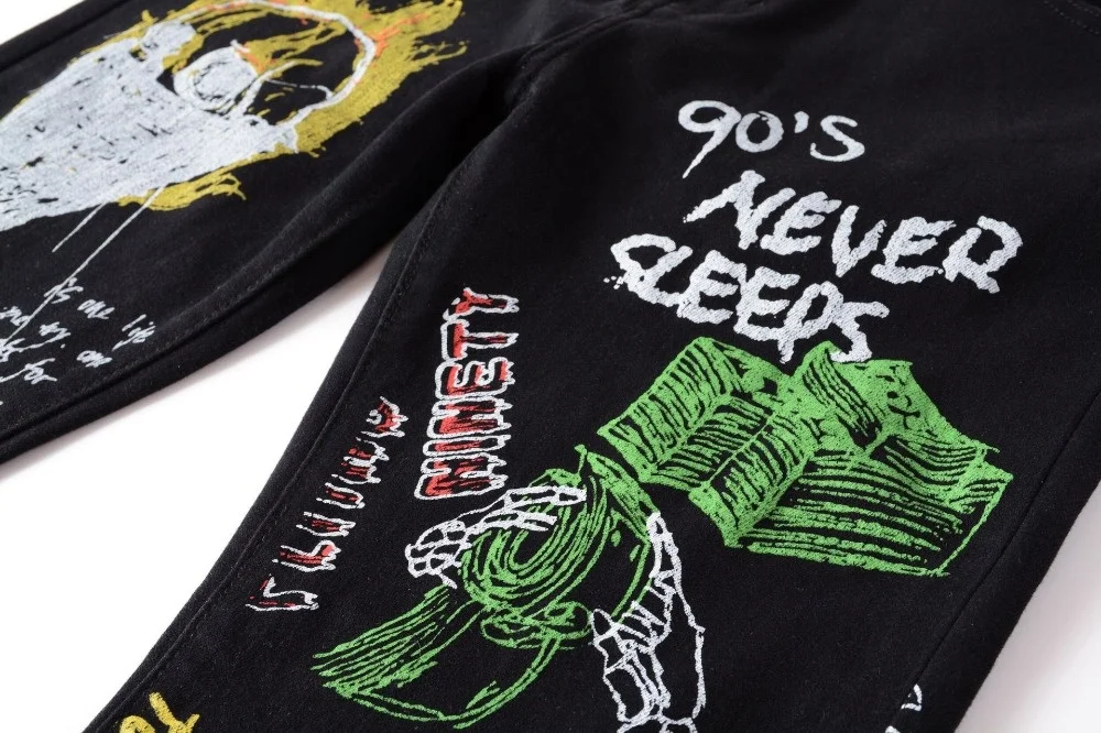 

New black white man men's male fashion letters flame printed jeans Slim straight Skull graffiti colored painted stretch pants