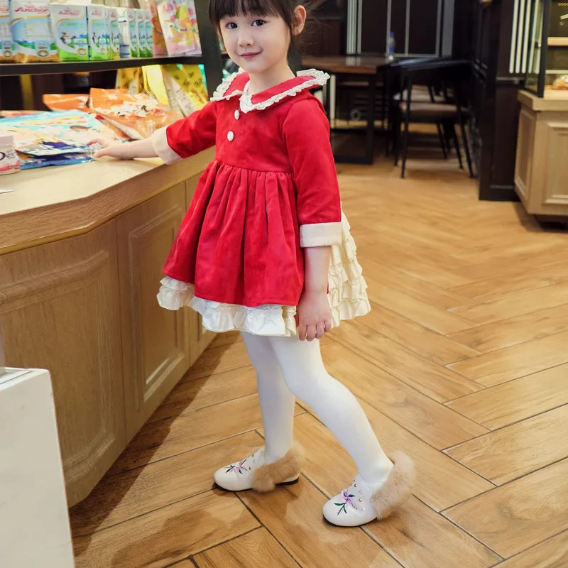 2019 г. Зимняя меховая обувь для принцессы с заклепками лоферы из искусственного