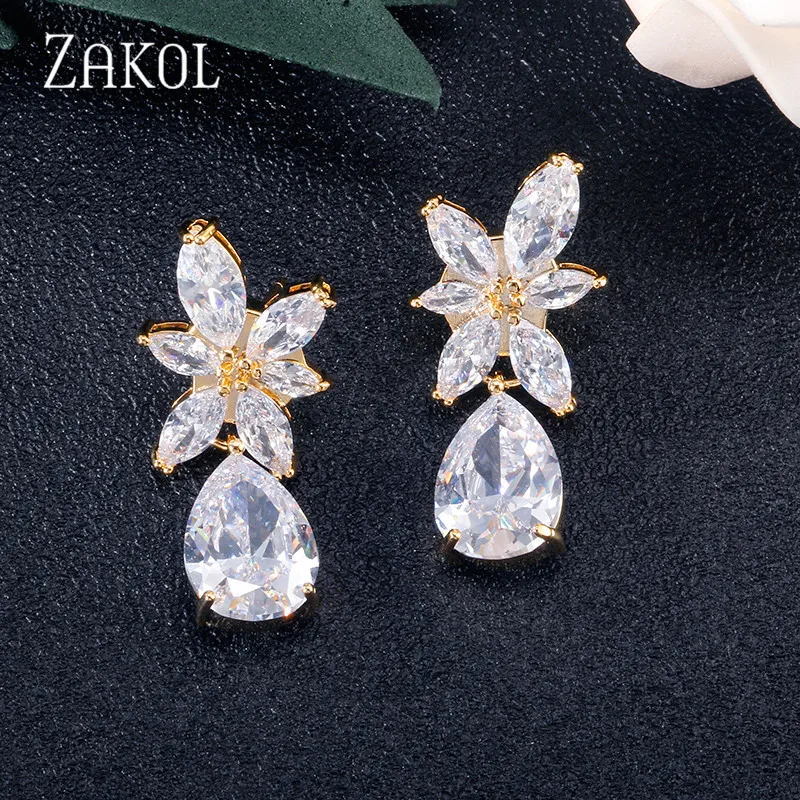 Gold Color 4 ZAKOL, модные, листовой циркон, висячие серьги для женщин, белое золото, цвет кристалл, свадебные серьги, свадебные ювелирные изделия, подарок brinco FSEP167A - Окраска металла: Gold Color 4