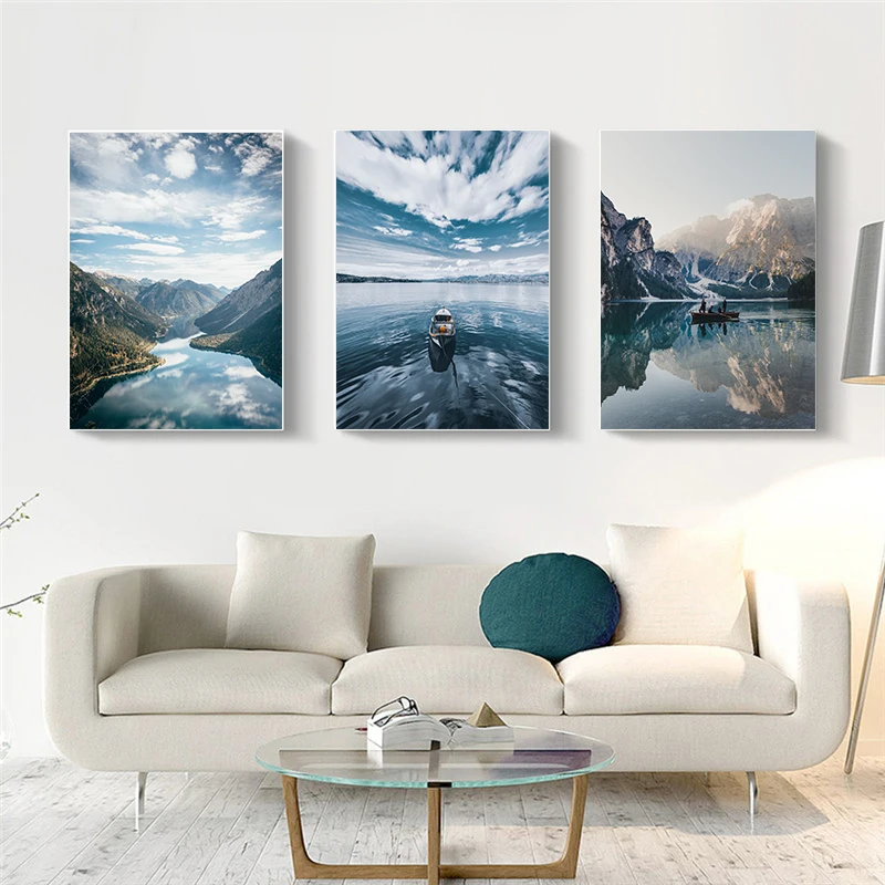 Постер Zhangjiajie на тяньмэнь, гора, туристическая достопримечательность, Ретро Декор для дома, лодка, озеро, зеленые горы, зеленая вода, пейзаж, живопись