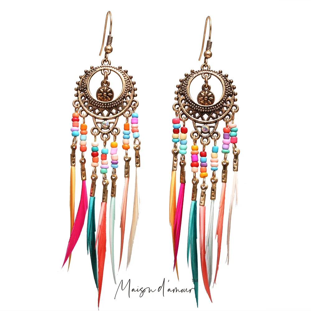 

Bohemian Etchnic Global Style Handmade Colorful Featehr Tassel Design With Alloy Hallow Pattern Drop earrings Dangle Earrings