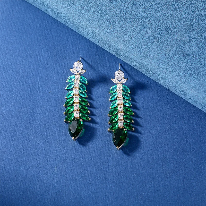 Colorful Cubic Zirconia Leaves Pendant Earrings for Women Luxury Jewelry Female Fashioin Feather Dangle Earrings