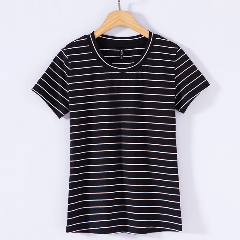 

Crew neck hairpin striped T-shirt women's short sleeve fashion versatile Korean women's half sleeve slim bottoming shirt 2108