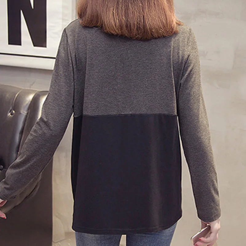 Большие размеры Однотонная футболка с длинным рукавом и круглым вырезом женские