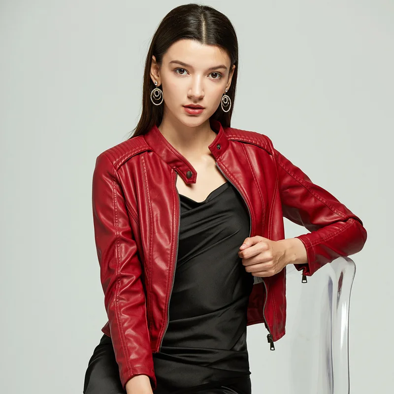 

2021 Autumn Pu Women's Stand Collar Stitching Leather Jacket Girl's Motorcycle Street Fashion Leather Jacket
