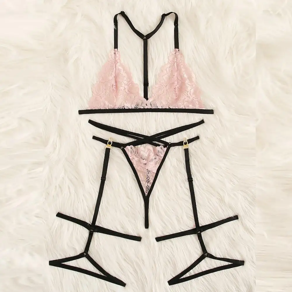Pink Dessous сексуальный стиль бюстгальтер подвязки Трусики Кружева пижамы бюстгальтер Femme изысканное женское бельё Комплект комбинация с вырезом нижнее белье женский комплект - Цвет: Pink