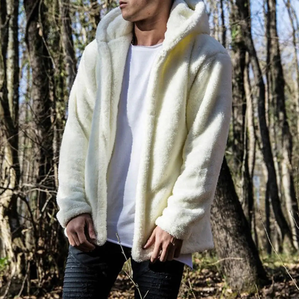 

Casual Fluffy Fleece Hoodies Jacket Fur Coat Winter Hooded Thick Sleeve Cardigans Tops Men Warm Outerwear Winter Long Men Winte