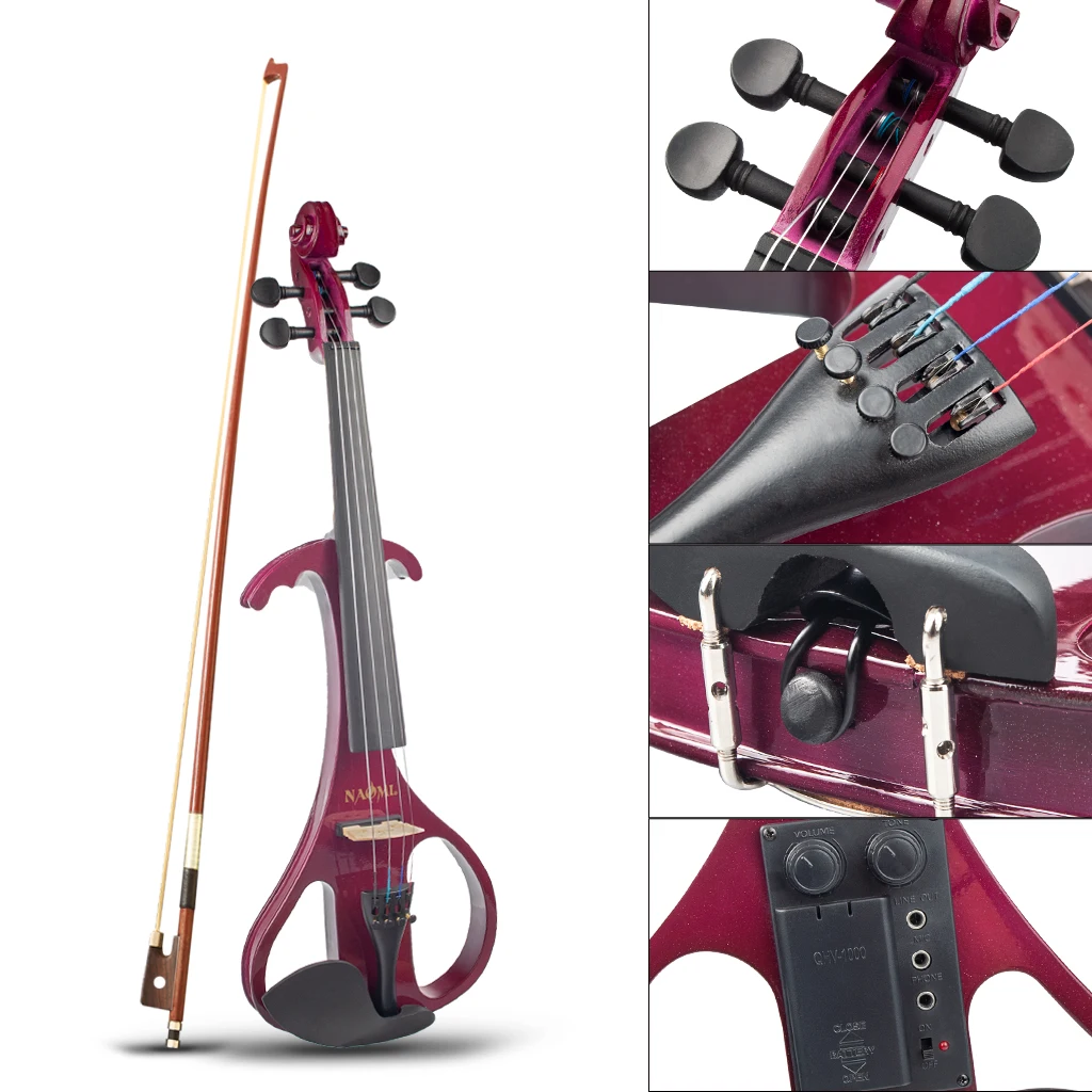 NAOMI Electric Violin Right Handed Size 4/4 Size Electric Silent Violin Set w/ Brazilwood Bow+Rosin+Bridge+Canvas Case Dark Red enlarge