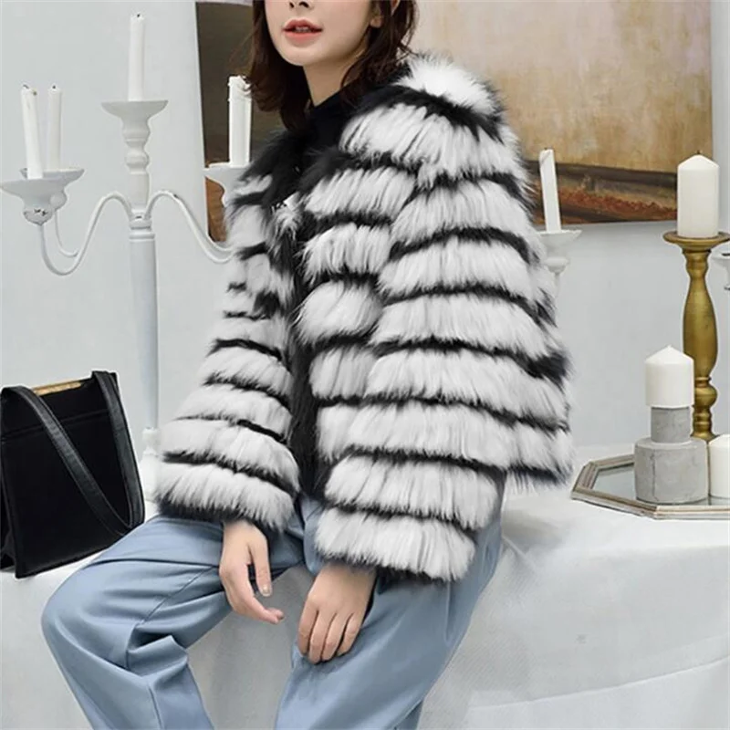 New ladies fur coat womens stripe imitation fox fur cropped top jacket casual top large thin autumn winter плюшевая куртка
