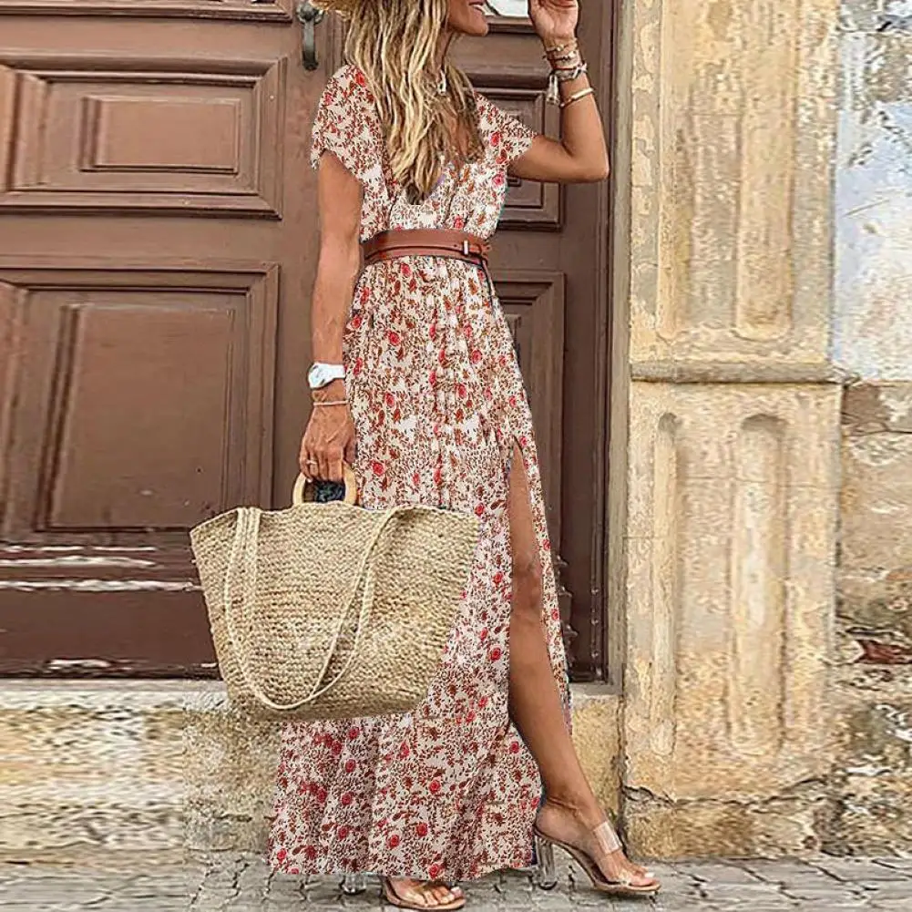 

2021 Women Long Dress Summer Sexy V-neck Short Sleeve Belted Maxi Dress Boho Party Dress Ladies Bohemian Beach Holiday Sundress