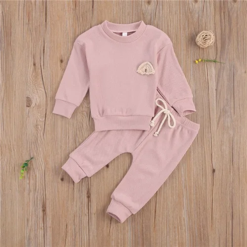 

Однотонный комплект одежды для малышей 0-24 месяцев, Топ с длинным рукавом и круглым вырезом с радужной вышивкой и длинные штаны на завязках, ...