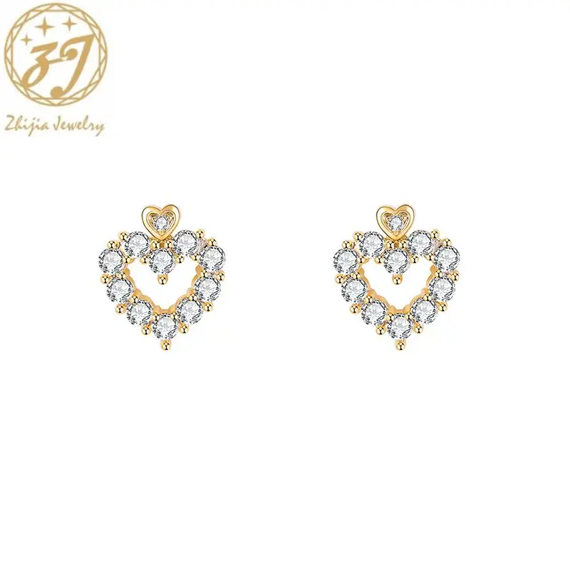 

Zhijia new arrival delicate classic heart shape design stud earrings luxury shiny crystal rhinestone women earrings