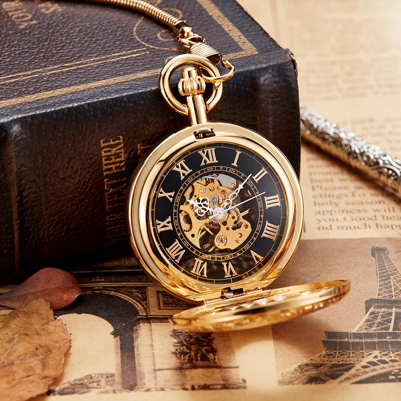 Roman Numeral Luxury Quality Copper Mechanical Pocket Watch Black Gold Steampunk Dual Open Skeleton Dial Fob Chain Clock for Men