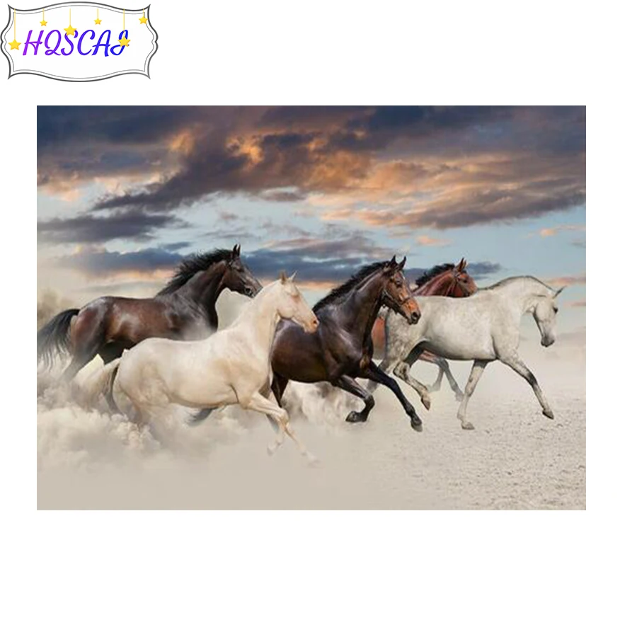 

5D Diamond Painting Black horse white horse running Full Round Drill Mosaic Diamond Embroidery Cross Stitch Kits Home Decor Gift