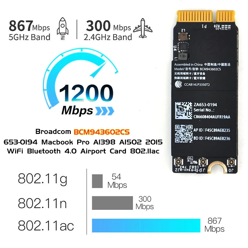 Wi Fi карта Broadcom BCM943602CS для Macbook Pro Retina 13 дюймов A1398 A1425 A1502 2015 653 0194|wifi airport card|airport cardwifi