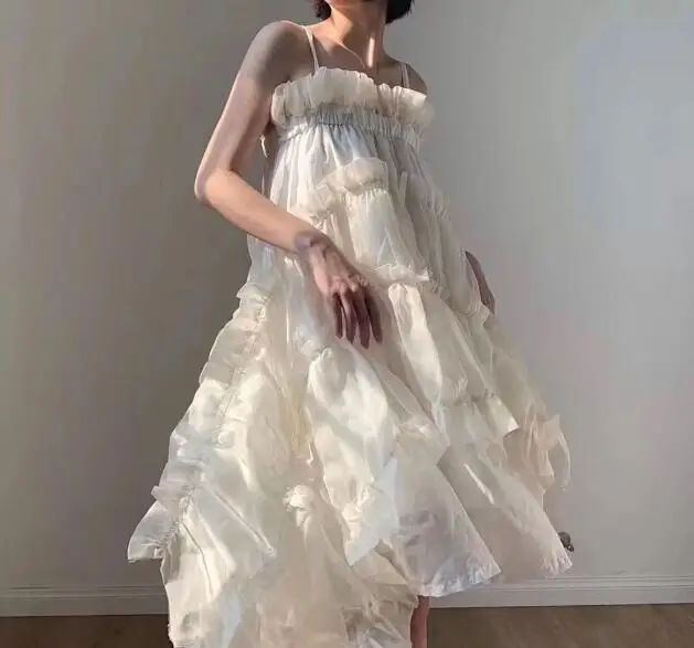 

Cultiseed Women Sexy Slash Neck Spaghetti Strap Dress Female Vintage Fake Silk Pleated Ruffles Birthday Party Dress Sweet Dress