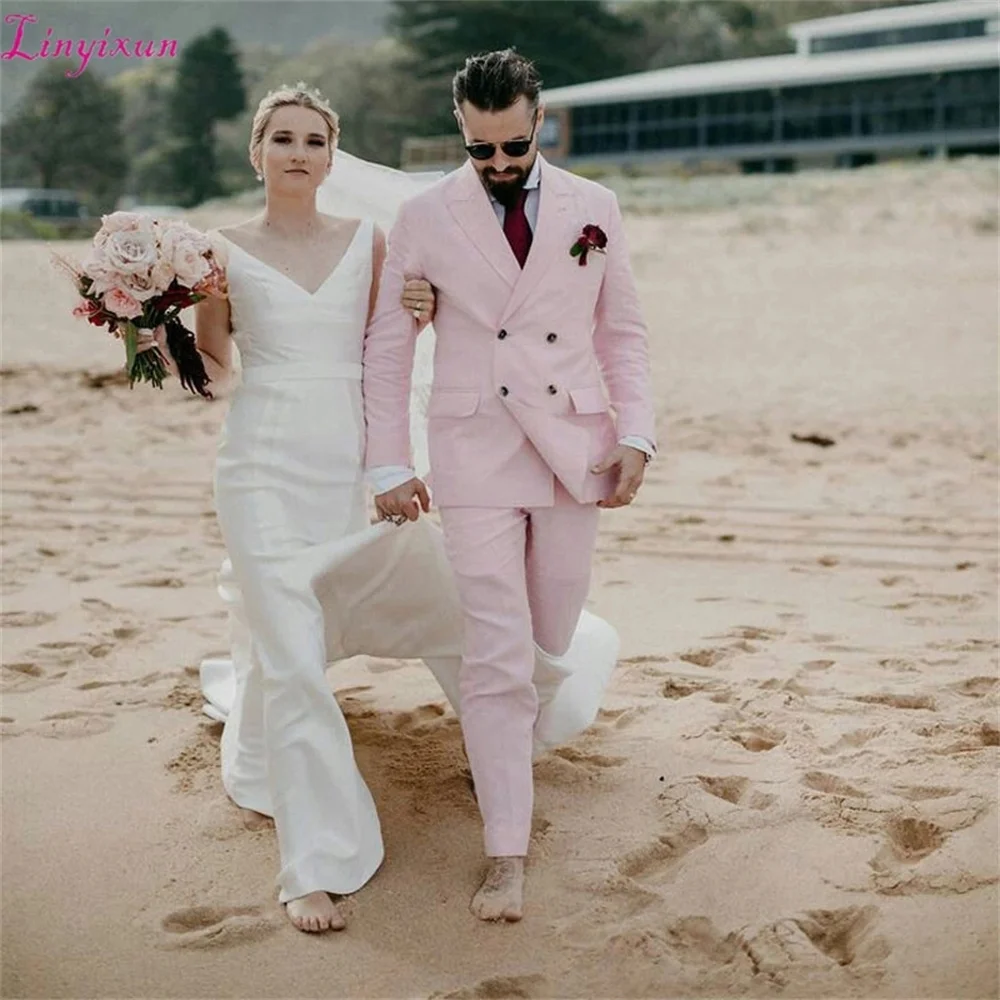 

Новинка 2021, высококачественный индивидуальный розовый льняной мужской костюм и костюм жениха, двубортный пляжный свадебный смокинг, облег...
