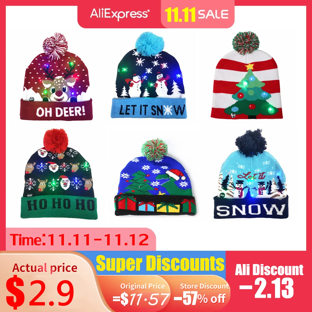 

2022 Christmas Decor Hats New Year LED Sweater Knitted Beanie Light Up Illuminate Winter Warm Hats for Kids Adults New Year XMAS