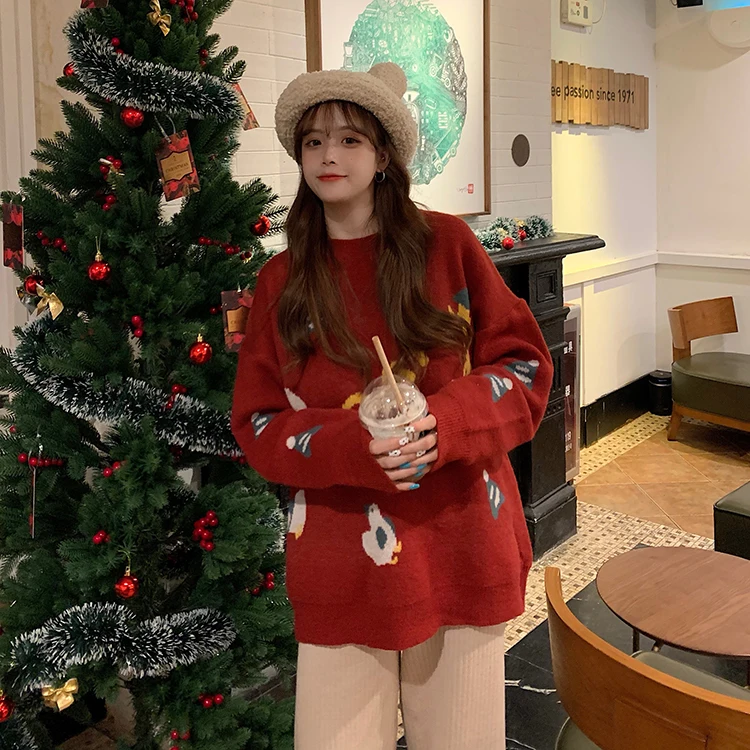 

Red Long Sleeve Sweaters for Women Autumn New Fashionable Clothing Cartoon and Letter Embroidery Girlish Style Tops Pullovers