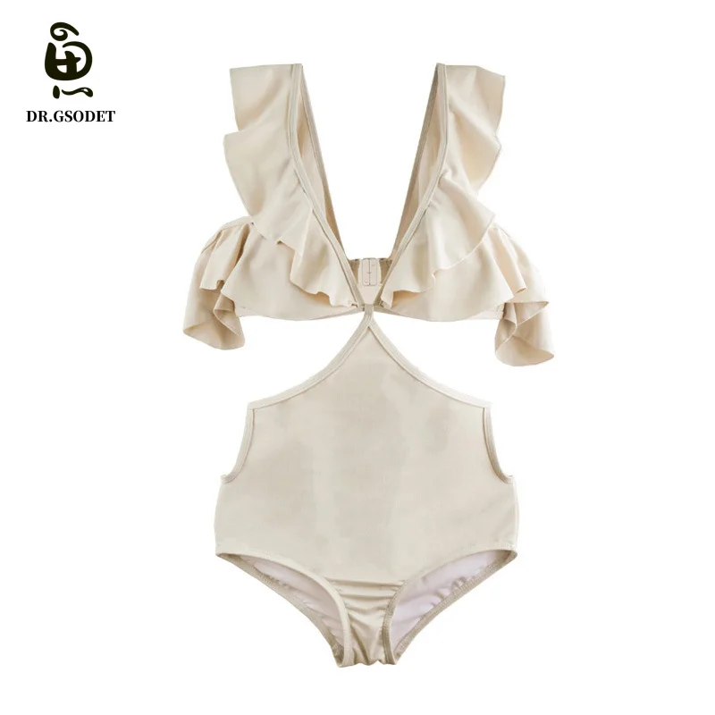 

GSODET Swimsuit 2021 New Women Summer Beige Solid Ruffle Unique Design Lovely Sexy Swimwear Bathing Suit Bikini Beachwear