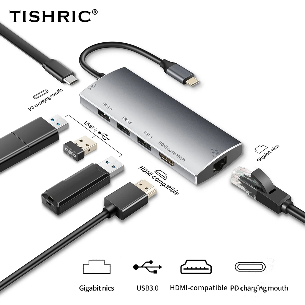 TISHRIC USB C концентратор Type док станция OTG Мульти 3 0/2 0 концентратор/разветвитель SD RJ45