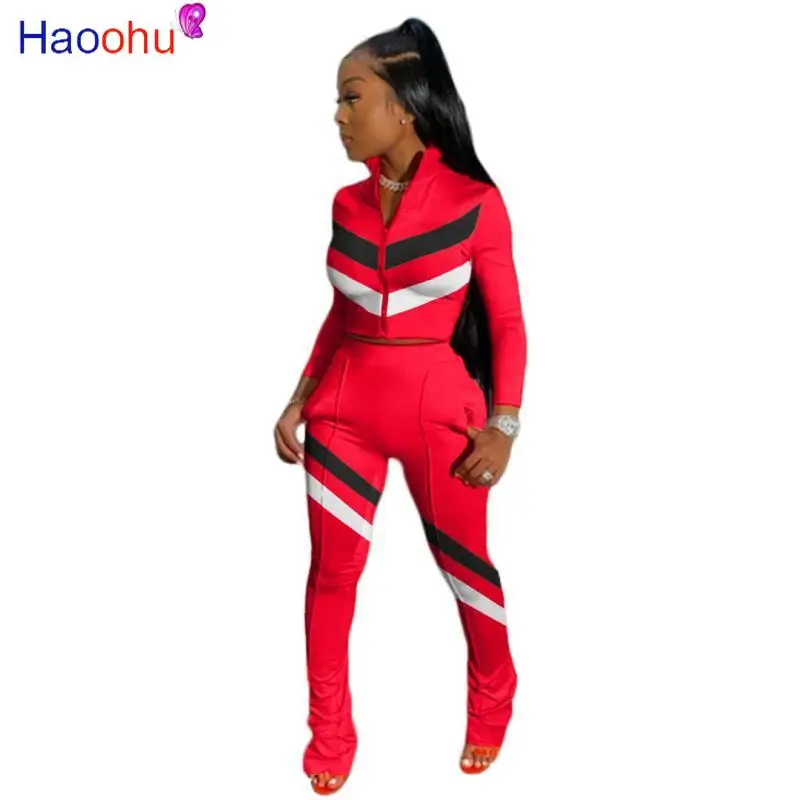 

HAOOHU Striped Two Piece Set Jumpsuit Long Sleeve Zipper Top+Stacked Leggings Set Casual Tracksuit Fall Women Clothing Outfits
