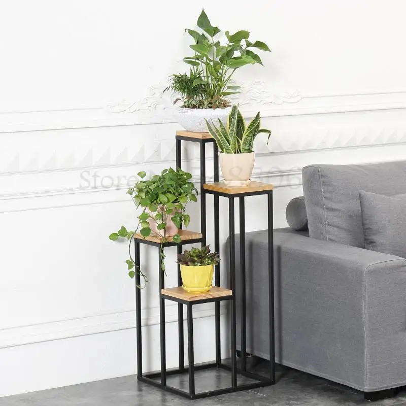 Кованого железа подставка для цветов из твердой древесины с многослойным