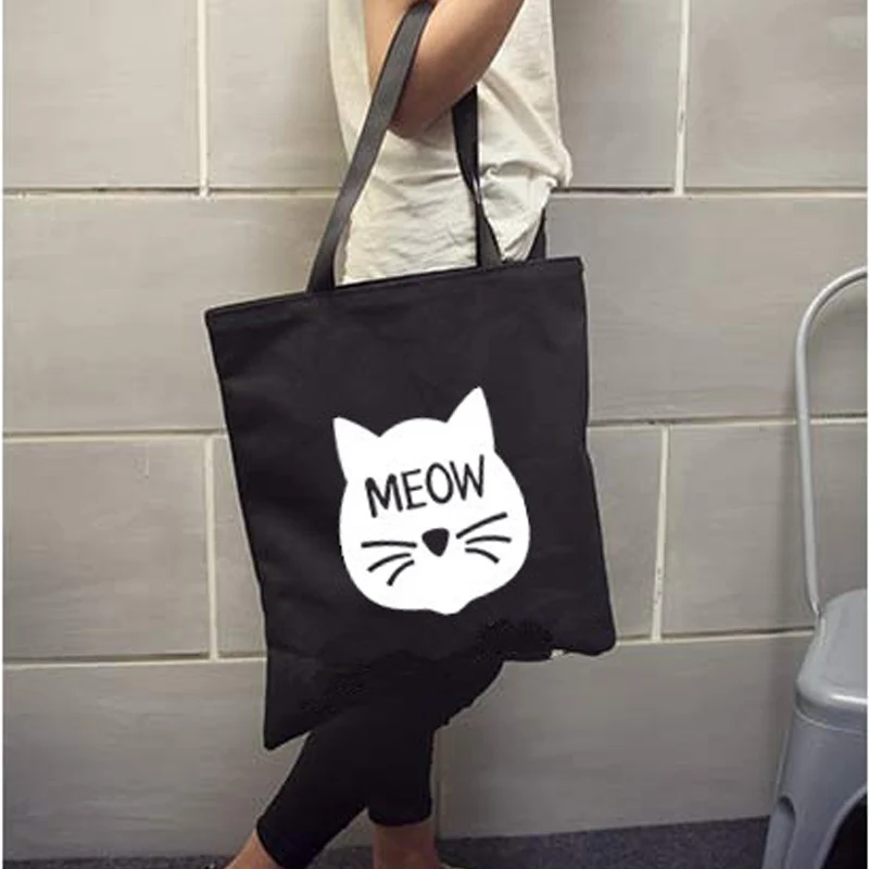 Холщовая пляжная сумка для женщин повседневный тоут с мультяшным принтом кота