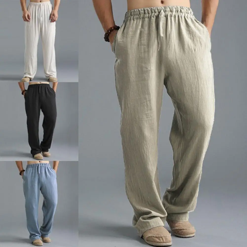 

2021 New Men's Polyester Pants Male Summer Pants Solid Color Wide Leg Casual Men Drawstring Loose Trousers Slacks for Spring 3XL