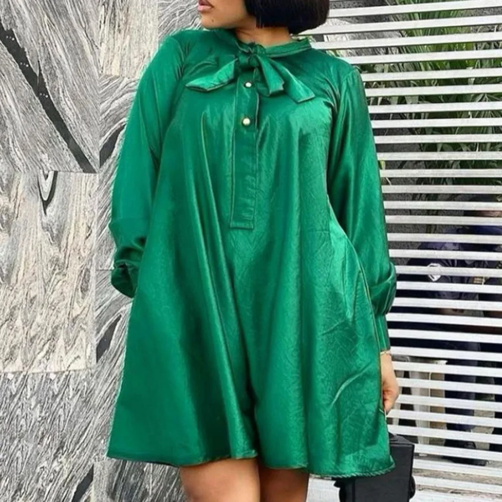 

Bold Color African Style Oversize Loose OL Dress Elegant Green Solid Long Sleeve Bowknot A Line Women Dresses Party Vestidos
