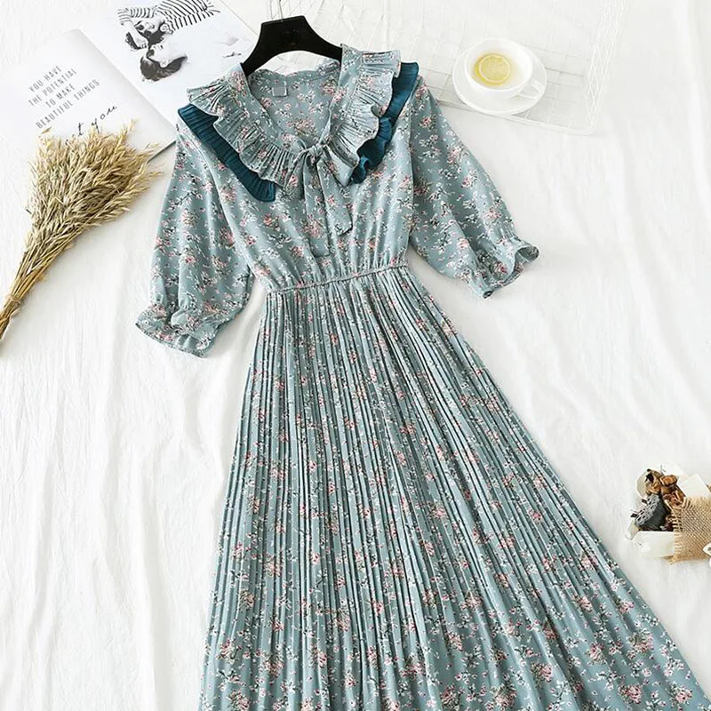 Женское винтажное шифоновое платье миди Элегантное Длинное плиссированное с