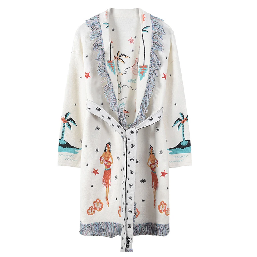 YAMDI кардиган с бахромой свитер для женщин гавайский мультфильм новый вышитый