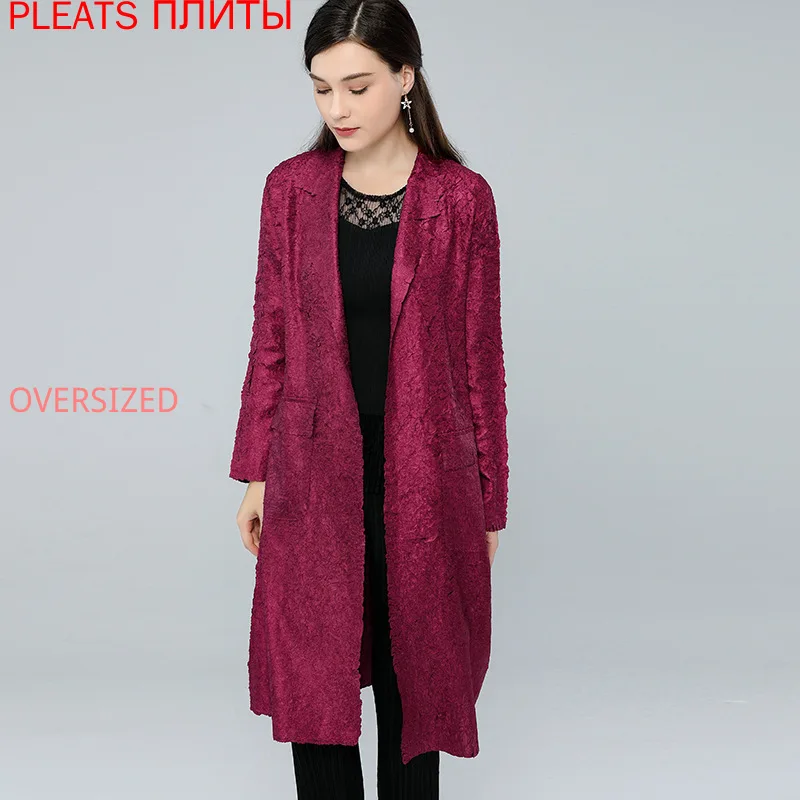 

Костюм со складками, воротник с вышивкой, Женское пальто средней длины, осенний тонкий Тренч Miyake с длинными рукавами