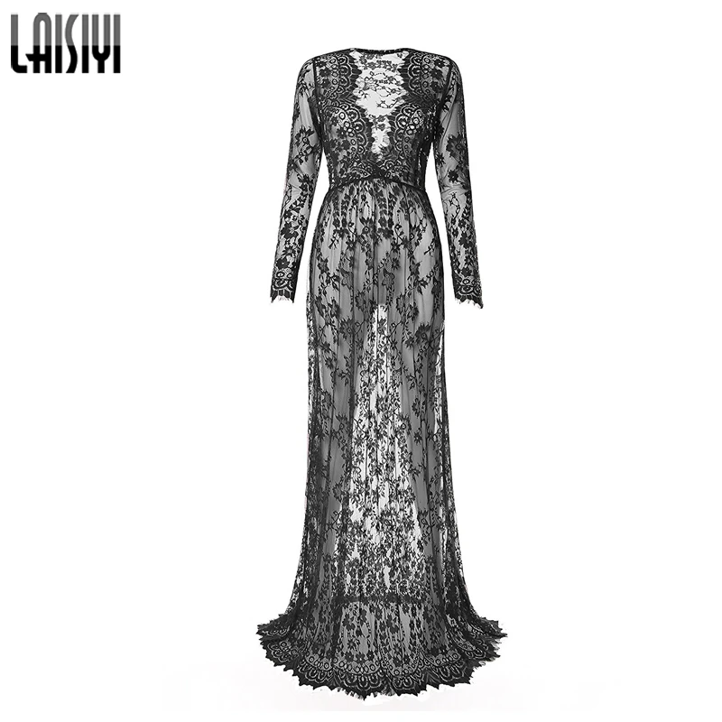 

LAISIYI Women Sexy Dresses Autumn Floor Length Black White Lace Dress Adjust Waist See Through Floral Vestido transparent DR5046