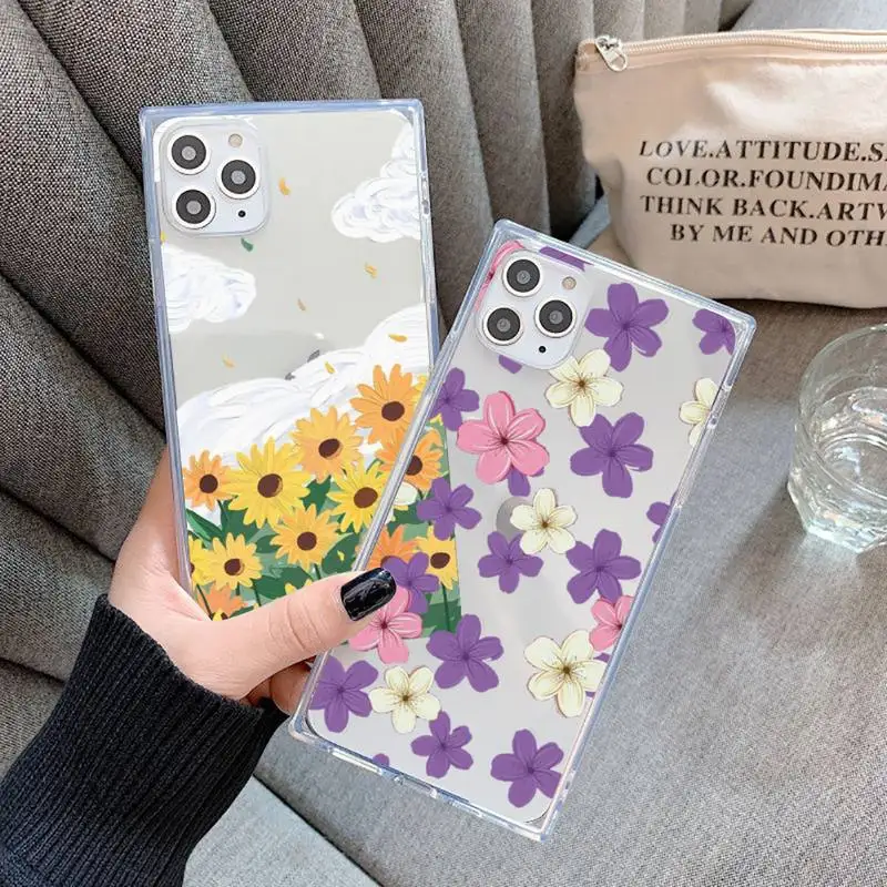 

Flower art strawberry Phone Case For iPhone 7 8 11 12 X XS XR MINI Pro Max Plus Clear Square Transparent