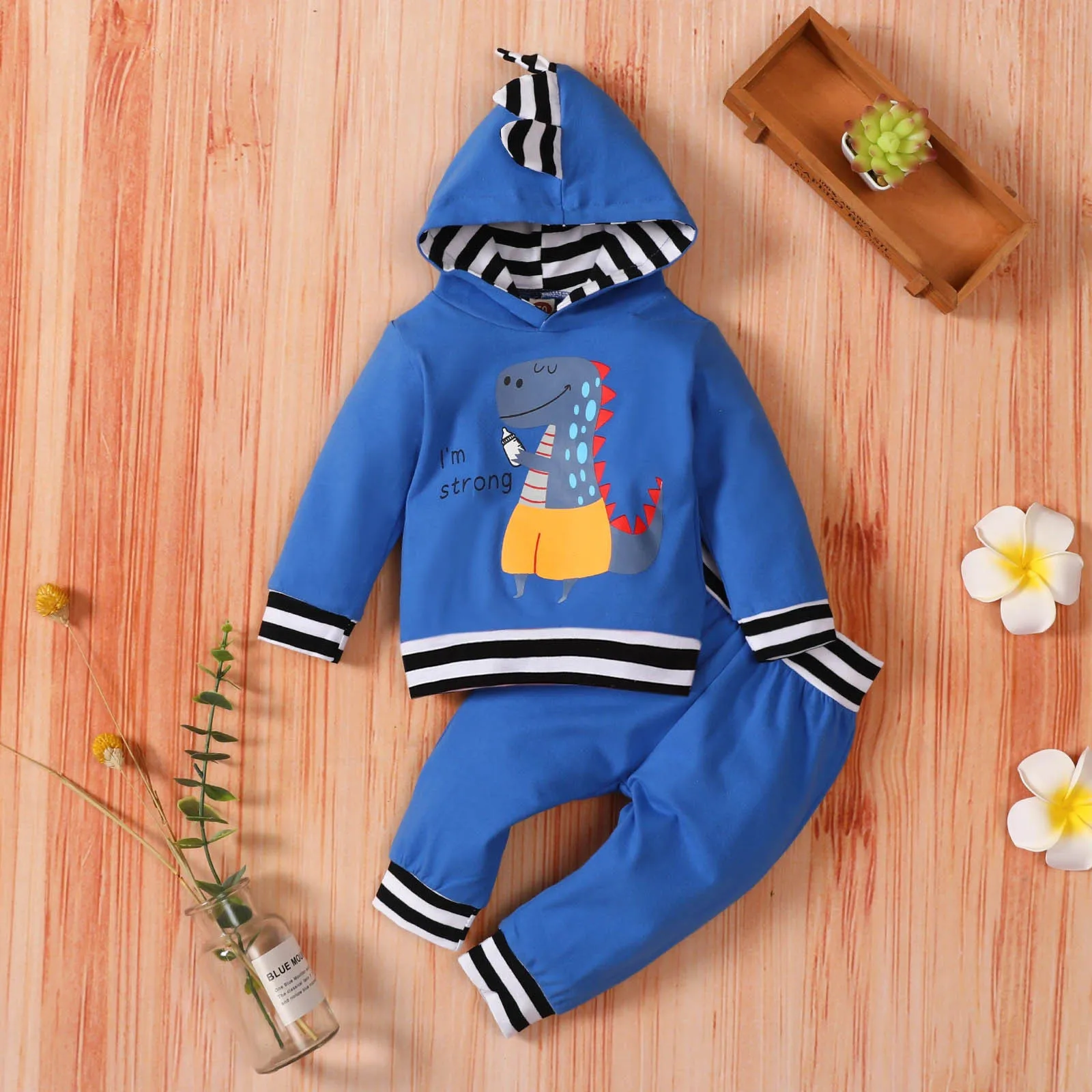 

Infant Newborn Baby Girl Boy Spring Autumn Dinosaur Print Striped Hooded Long-sleeved Tops + Trousers Suit для новорожденных E1