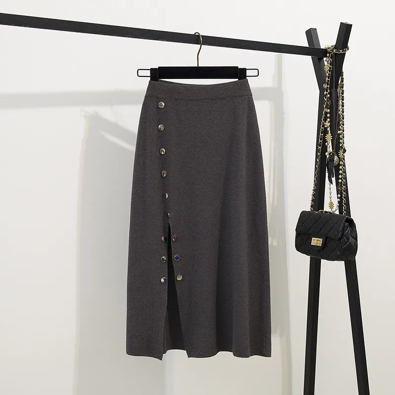 only Gray skirt Пуловер свитер и длинная юбка с разрезом костюмы для отдыха корейский модный осенний комплект одежды Феи из двух предметов, трикотажный Свободный Топ - Цвет: only Gray skirt