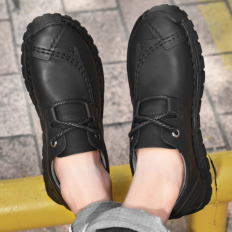 Кроссовки мужские кожаные на платформе модная рабочая обувь до щиколотки