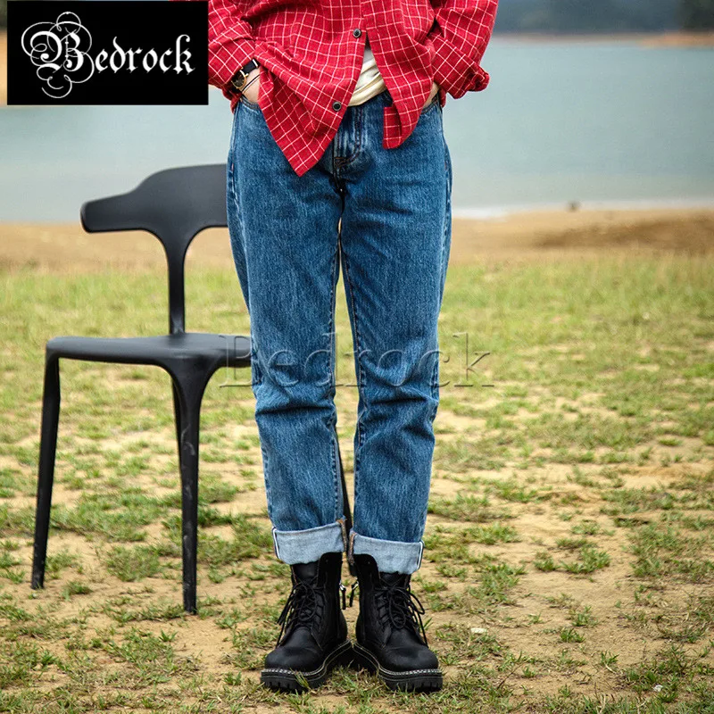 

MBBCAR 13.5oz Retro Washed Blue Red Line Denim Jeans fit Micro cone Pants 702-66S fashion Cropped Pants 7210