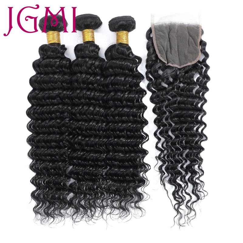 

JGMI Deep Curly Wave Remy Brazilian Weave Human Hair Bundles Extension With 4x4 Lace Closure for Black Women Weft Free Part