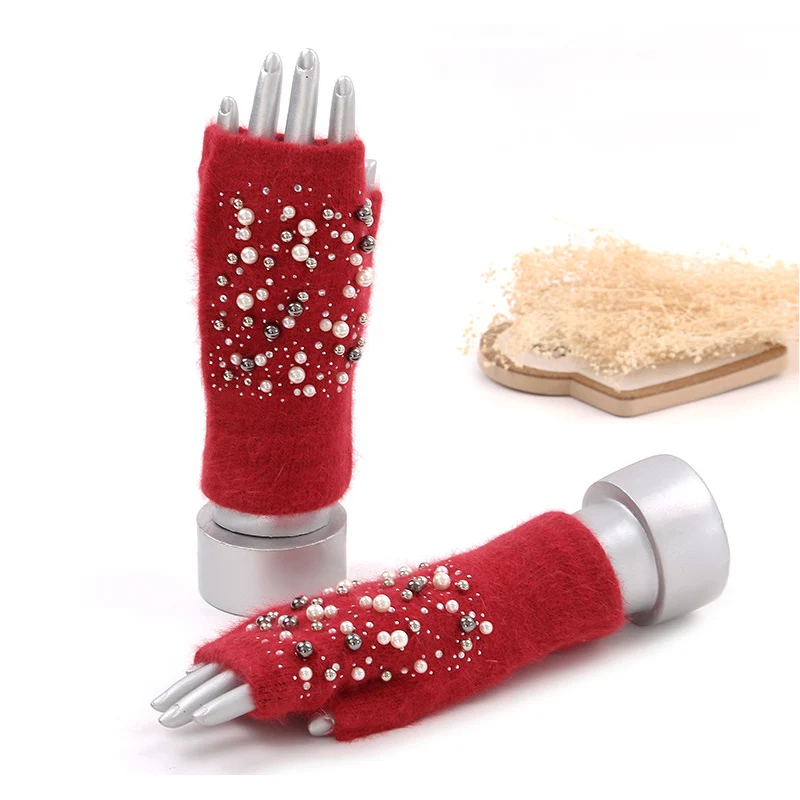 Winter Kitted Mitten Plush Gloves Women Short Finger Half Gloves Ladies Half Cover Female Gloves Printed Snow